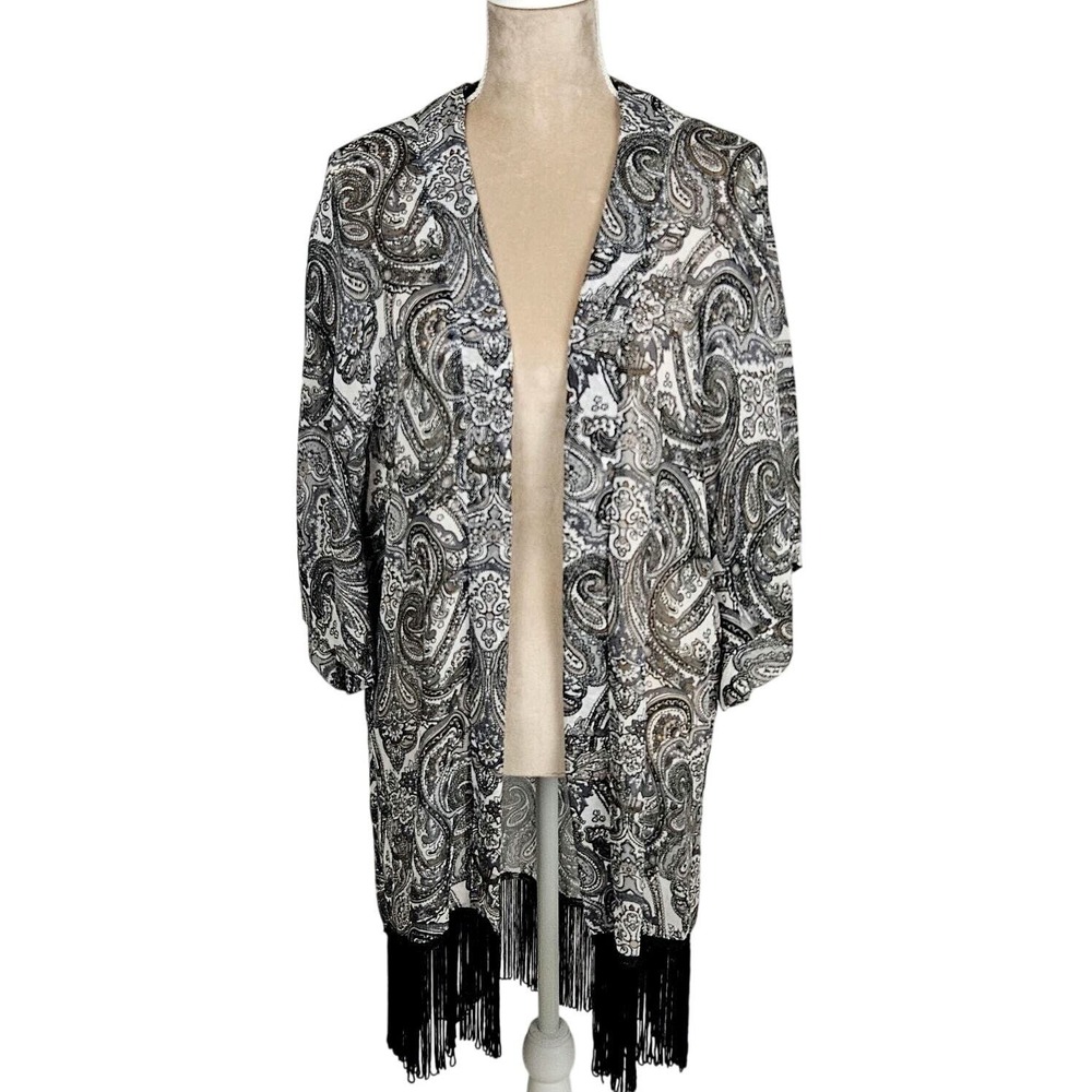 Womens Open Kimono Cover Up Black Paisley Fringed Boho Beach‎ Unbranded Pool